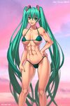  abs bikini breasts hand_on_hip hatsune_miku long_hair muscle muscular_female nail_polish naughty_face navel smile tattoo turquoise_eyes turquoise_hair twintails vocaloid 