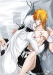  2boys bleach blood dark_persona dual_persona kame5sama kurosaki_ichigo male male_focus multiple_boys orange_hair pixiv_thumbnail resized selfcest shirosaki_hichigo torn_clothes water white_hair yaoi 