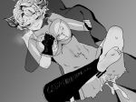  1boy 1girl blush bottomless breast_press breasts cleavage covered_nipples cum cum_in_pussy draph eyes_closed front-tie_top granblue_fantasy greyscale happy_sex hetero horns karva_(granblue_fantasy) large_breasts leg_lock monochrome navel overflow pointy_ears pussy sex short_hair single_thighhigh smile solo_focus suspended_congress sweat thighhighs two-cat-walk underboob vaginal 