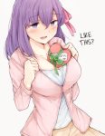 1girl bangs between_breasts blouse blush box breasts fate/stay_night fate_(series) hair_ribbon hard_translated heart-shaped_box jirou_(tamaho39) large_breasts long_hair long_sleeves matou_sakura open_mouth purple_eyes purple_hair red_ribbon ribbon shirt simple_background solo translated upper_body valentine white_background white_shirt 