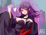  black_dress blush breasts cape cleavage dress erect_nipples female final_fantasy final_fantasy_ii long_hair monster_girl open_mouth oshiruko_(tsume) pointy_ears purple_hair red_eyes solo tsume_(artist) vampire vampire_girl 