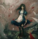  alice:_madness_returns alice_(wonderland) alice_in_wonderland alice_liddell american_mcgee&#039;s_alice american_mcgee's_alice black_hair blood boots card dansearl dress female green_eyes jewelry knife long_hair necklace solo vorpal_blade 