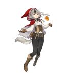  1girl animal_ears bangs belt belt_pouch black_hair boots bow bowtie fire_emblem fire_emblem_heroes fire_emblem_if frills gloves grey_hair highres hood kawasumi_mahiro long_hair long_sleeves multicolored_hair nintendo official_art pants pouch shirt solo tail transparent_background velour_(fire_emblem_if) white_shirt wolf_ears wolf_tail 