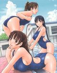  3girls ass bent_over black_hair blush breasts brown_eyes brown_hair competition_swimsuit grey_eyes kisaragi_gunma kurata_nao large_breasts love_selection multiple_girls nemoto_yui one-piece_swimsuit pigtails ponytail pool short_twintails swimsuit twintails uehara_ami 