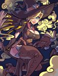  1girl alternate_costume blonde_hair blue_background blue_eyes book boots breasts broom cleavage elbow_gloves gloves hair_over_one_eye hat highres lips medium_breasts mercy_(overwatch) overwatch short_sleeves smile smoke solo starpyrate thigh_boots thighhighs thighs witch_hat witch_mercy 