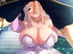  1boy 1girl blonde_hair blush breasts cleavage fellatio game_cg huge_breasts kyonyuu_fantasy luceria_von_diamante oral outdoors penis princess saliva sweat waffle 