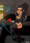  black_hair dr_naomi drill female glasses gloves long_hair middle_finger no_more_heroes solo 