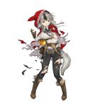  1girl animal_ears bangs belt belt_pouch black_hair boots bow bowtie fire_emblem fire_emblem_heroes fire_emblem_if frills gloves grey_hair highres hood kawasumi_mahiro long_hair long_sleeves multicolored_hair nintendo official_art pants pouch shirt solo tail transparent_background velour_(fire_emblem_if) white_shirt wolf_ears wolf_tail 