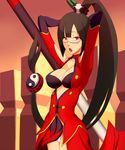  arc_system_works arms_up black_bra black_hair blazblue blazblue:_calamity_trigger blush bra breasts china_dress chinadress chinese_clothes cleavage dress female glasses highres lao_jiu litchi_faye_ling long_hair open_mouth panda polearm red_eyes solo staff triangleoo underwear very_long_hair weapon 