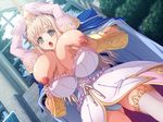  1boy 1girl blush breast_grab breast_squeeze breasts game_cg gigantic_breasts grabbing huge_breasts kyonyuu_fantasy luceria_von_diamante nipples open_mouth outdoors panties princess surprise surprised sweat thighhighs tiara underwear upskirt waffle 