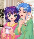  2girls amano_misao_(pretty_sammy) blue_hair child cup double_bun food fruit green_eyes happy kawai_sasami masaki_sasami_jurai multiple_girls odango pajamas pink_eyes pretty_sammy purple_hair smile strawberry tenchi_muyo tenchi_muyou! wink 