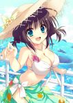  1girl :d aqua_eyes armpits asakura_hayate bikini blush braid breasts brown_hair character_request cleavage cloud cloudy_sky collarbone commentary_request copyright_request cowboy_shot day dolphin eyebrows_visible_through_hair flower front-tie_bikini front-tie_top green_sarong hand_on_railing hat hat_flower jewelry large_breasts looking_at_viewer navel necklace ocean open_mouth outdoors outstretched_arms print_sarong reaching_out sarong shiny shiny_skin short_hair sidelocks sky smile solo sparkle straw_hat summer sun_hat swimsuit thighs twin_braids twisted_torso water 