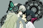  2boys axis_powers_hetalia black_hair blonde_hair butterfly eye_contact grey_background hand_holding headphones japan_(hetalia) looking_at_another male male_focus multiple_boys open_mouth russia_(hetalia) simple_background vocaloid wings 