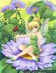  arm_support bare_shoulders blonde_hair blue_eyes blush bug dress earrings fairy_wings flower green_skirt hair_bun hair_ribbon indian_style insect jewelry ladybug leaf nishimata_aoi official_art on_flower outstretched_arm peter_pan_(disney) ribbon sitting skirt smile solo tinker_bell_(disney) wings 
