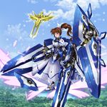  armor blue_eyes brown_hair fortress_(nanoha) gadowiiru hair_ribbon highres long_hair lyrical_nanoha magical_girl mahou_senki_lyrical_nanoha_force raising_heart ribbon shoes side_ponytail strike_cannon takamachi_nanoha very_long_hair weapon winged_shoes wings 