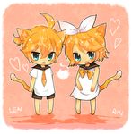  1boy 1girl ahoge animal_ears animal_tail aqua_eyes blonde_hair bow bow_tie bowtie boy boy_and_girl cat_ears cat_tail fang female girl hair_bow heart highres kagamine_len kagamine_rin kemonomimi_mode male mami_(candy_sweet) necktie nekomimi_mode nightgown open_mouth sailor_collar shirt short_hair shorts t-shirt tail vocaloid white_shirt 