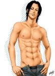  1boy abs black_eyes black_hair brown_hair chest freckles hands_on_hips male male_focus muscle nipples one_piece open_fly pecs pirate portgas_d_ace simple_background smile solo standing tattoo topless unzipped 