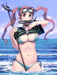  bad_id bad_pixiv_id bikini blue_eyes breasts flying_fish goggles goggles_on_head hair_bobbles hair_ornament large_breasts long_hair masao mouth_hold ocean original pink_hair solo swimsuit twintails water wet 