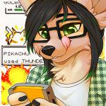  2019 anthro black_nose canid canine clothed clothing eyewear fox fur glasses green_eyes mammal nintendo pok&eacute;mon savemekitty smile solo video_games 