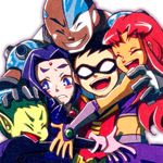  3boys beast_boy_(dc) blush_stickers closed_eyes cyborg_(dc) dc_comics domino_mask forehead_jewel friends hand_on_another's_head happy hug ladama mask multiple_boys multiple_girls nervous open_mouth raven_(dc) robin_(dc) starfire teen_titans 