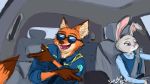  2016 anthro canid canine car disney duo eyewear fox fur gloves_(marking) glowin-theshark grey_body grey_fur inside_car judy_hopps lagomorph leporid mammal markings nick_wilde open_mouth open_smile orange_body orange_fur purple_eyes rabbit red_fox seatbelt signature smile sunglasses vehicle zootopia 