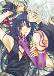  2boys allen_walker androgynous bed_sheet belt black_hair blue_eyes cross d.gray-man earrings gloves grey_eyes hand_holding jewelry kanda_yuu long_hair looking_at_viewer lying male male_focus multiple_boys necklace on_back rosary sheets tattoo white_hair yaoi 