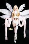  angel angewomon armor asian asymmetrical_clothes asymmetrical_clothing belt blonde_hair cosplay digimon digimon_adventure gloves photo real wings 