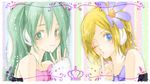  alternate_hairstyle arm_warmers bare_shoulders colorful_x_melody_(vocaloid) dress green_eyes green_hair hair_ornament hatsune_miku kagamine_rin long_hair lowres multiple_girls nezuki one_eye_closed project_diva_(series) project_diva_2nd ribbon short_hair smile strapless strapless_dress vocaloid 