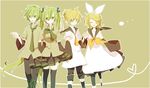  2boys 2girls arm_warmers black_legwear blonde_hair bow eyes_closed female green_eyes green_hair hair_bow hair_ornament hairpin hand_holding hatsune_miku hatsune_mikuo heart kagamine_len kagamine_rin light_smile long_hair male multiple_boys multiple_girls necktie pants pointing popped_collar shirt short_hair short_sleeves skirt sleeveless thighhighs vocaloid walking yoshiki_(yosiki59) zettai_ryouiki 