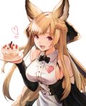  1girl :d alternate_costume animal_ears apron bare_shoulders black_dress black_neckwear blonde_hair blush bow bowtie braid breasts buttons cake commentary_request detached_sleeves dress enmaided erune food french_braid fruit granblue_fantasy hand_up heart highres holding holding_tray koretsuki_azuma large_breasts long_hair long_sleeves looking_at_viewer maid maid_apron open_mouth pink_eyes sidelocks simple_background smile solo strawberry tray upper_body very_long_hair white_apron white_background wing_collar yuisis_(granblue_fantasy) 