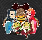  1girl 4boys aqua_lad bee_costume black_hair bodysuit brother brothers bumble_bee cartoon_network dark_skin dc_comics domino_mask double_bun fingerless_gloves garth gloves goggles hug insect_wings karen_beecher ladama mas_(dc) mask menos_(dc) multiple_boys orange_hair pixiv_thumbnail resized roy_harper shirt siblings smile speedy striped striped_shirt superhero teen_titans twins wings 