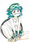  absurdres butterfly_sitting casual fingerless_gloves gloves goggles hands_on_feet highres kawashiro_nitori mouth_hold pencil pencil_mustache sandals shorts simple_background sitting solo stufquin tire toes touhou two_side_up 