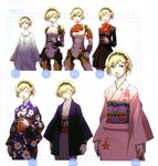  aegis_(persona) android blonde_hair blue_eyes costume_chart furisode highres japanese_clothes kimono obi official_art persona persona_3 ribbon sash short_hair soejima_shigenori solo yukata 