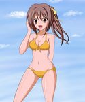  bikini breasts brown_hair cleavage front-tie_top large_breasts mitsuki_sohara navel open_mouth ponytail sora_no_otoshimono swimsuit 