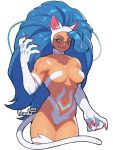  1girl ahoge animal_ears artist_name big_hair blue_hair breasts cat_ears cat_girl cat_tail claws closed_mouth collarbone cowboy_shot felicia fingernails fur hand_up huge_ahoge lilirulu long_fingernails long_hair looking_at_viewer nail_polish navel nude red_eyes red_nails smile smirk solo standing stomach tail vampire_(game) very_long_hair white_fur 