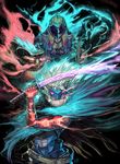  belt belts dungeon_and_fighter dungeon_fighter_online energy epic glowing glowing_eyes katana slayer slayer_(dungeon_and_fighter) soul_bender spiked_hair spikey_hair spirit spirits sword weapon white_hair 