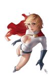  blonde_hair blue_eyes boots breasts cape cleavage cleavage_cutout dc_comics eyeshadow foreshortening from_above full_body gloves highleg highleg_leotard leotard lips looking_up makeup medium_breasts power_girl realistic short_hair simple_background skin_tight solo superhero warren_louw 