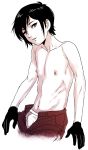  1boy asioo bare_chest bulge gloves limited_palette looking_at_viewer male_focus male_underwear monochrome navel nipples open_fly solo touken_ranbu underwear yagen_toushirou 