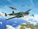  aircraft airplane battle bf_110 bomber cloud day flying gyan_(akenosuisei) he_111 hurricane_(airplane) luftwaffe military military_vehicle no_humans original propeller sky spitfire_(airplane) swastika weapon world_war_ii 