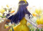  1girl :d animal blue_hair blurry blurry_foreground bow commentary_request danann depth_of_field devotion dress du_meishin eyes_closed fish flower hair_bow hairband long_hair long_sleeves open_mouth out_of_frame pinwheel shirt sleeveless sleeveless_dress smile solo_focus tulip very_long_hair white_shirt yellow_bow yellow_dress yellow_flower yellow_hairband yellow_tulip 