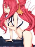  bare_shoulders blazblue breasts candy cleavage covered_nipples food fumio_(rsqkr) glasses iron_tager kokonoe lollipop long_hair medium_breasts red_hair solo straddling yellow_eyes 