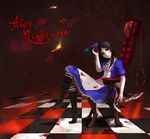  alice:_madness_returns alice_(wonderland) alice_in_wonderland alice_liddell american_mcgee&#039;s_alice american_mcgee's_alice black_hair blood boots card chair chalones crossed_legs dress feather feathers female flower green_eyes jewelry knife legs_crossed long_hair necklace noose pantyhose sitting solo striped striped_legwear striped_pantyhose 