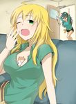  ahoge animal animal_between_breasts bad_id bad_pixiv_id between_breasts black_hair blonde_hair breasts cleavage couch ganaha_hibiki green_hair hamster hamuzou hoshii_miki idolmaster idolmaster_(classic) idolmaster_2 large_breasts long_hair minatsuki_randoseru multiple_girls one_eye_closed ponytail yawning 