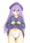  blush cabbie_hat hat kasuga_yukihito navel no_pants panties purple_eyes purple_hair sekaiju_no_meikyuu sekaiju_no_meikyuu_3 shirt_lift solo tears underwear white_panties zodiac_(sekaiju) 