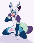  2018 anthro antlers canid canine casparr cervid cervine clothed clothing crossdressing digital_media_(artwork) fur girly hair horn humanoid_penis hybrid legwear male mammal mimiru_(mantist) multicolored_fur penis stockings uncut 