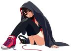  bikini black_hair brown_hair chan_co darth_wooser headphones hood hoodie long_hair original red_eyes shoes sitting sneakers solo swimsuit thighhighs untied 