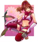  brown_eyes brown_hair dagger female gloves grin kneeling koutou kunoichi_(sengoku_musou) long_hair midriff ponytail sandals scarf sengoku_musou sengoku_musou_3 shorts smile solo thigh_strap thighhighs top weapon 