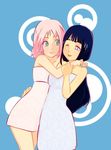  2girls arm_grab bare_shoulders blue_hair dress eye_contact female gabzillaz green_eyes happy haruno_sakura hug hyuuga_hinata lips long_hair looking_at_another love multiple_girls nail_polish naruto one_eye_closed open_mouth pink_hair short_hair smile strapless strapless_dress white_eyes wink yuri 