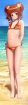 arms_behind_back barefoot bikini blush brown_hair day flat_chest flower full_body green_eyes hair_flower hair_ornament highres idolmaster idolmaster_(classic) idolmaster_2 legs long_hair navel ocean pettan_p sand short_twintails side-tie_bikini sky smile solo standing swimsuit takatsuki_yayoi twintails 