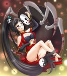  applepieyui arakune arc_system_works barefoot black_bra black_hair blazblue blazblue:_calamity_trigger bra breasts china_dress chinadress chinese_clothes cleavage dress feet female glasses highres lao_jiu litchi_faye_ling long_hair panda ponytail red_eyes underwear very_long_hair 